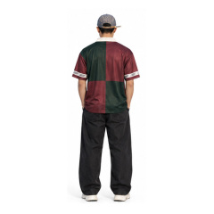 Unisex Retro Quadrant Color Block Soccer Jersey, Burgundy Green Spliced Polo Collar Street Football Shirt