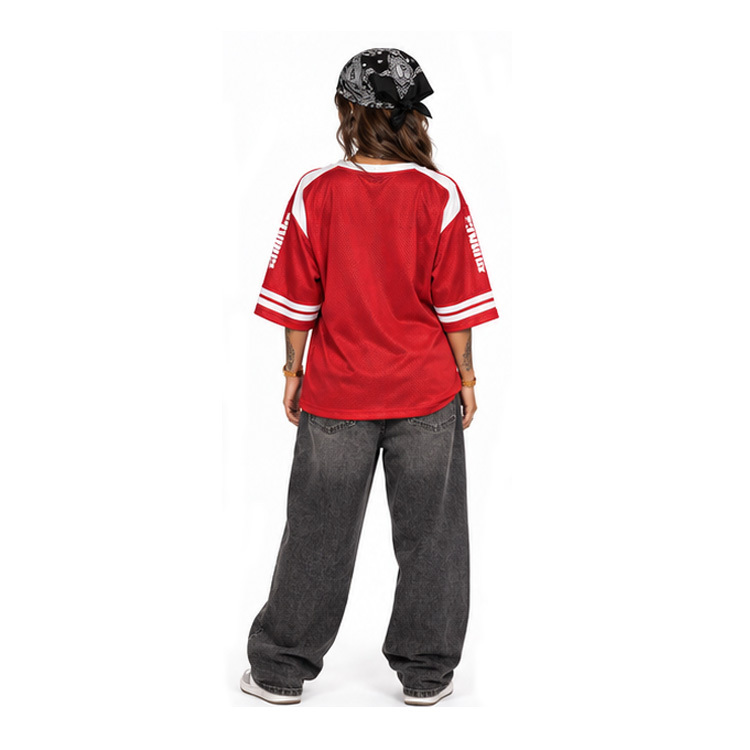 Women Vintage Red V Neck American Football Jersey Oversized Print White Striped Short Sleeve Hip Hop Streetwear Top