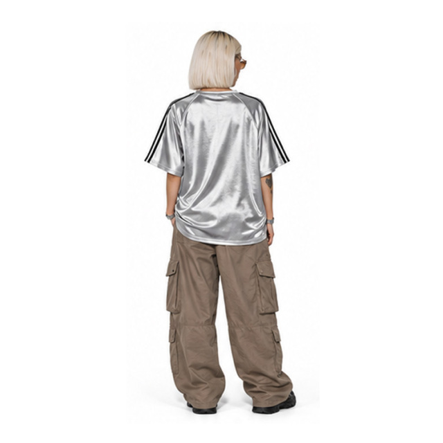Women Y2K Silver Shiny Satin Raglan Sports Jersey Black Stripe Short Sleeve Oversized Streetwear Top