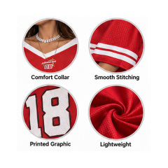 Women Vintage Red V Neck American Football Jersey Oversized Print White Striped Short Sleeve Hip Hop Streetwear Top