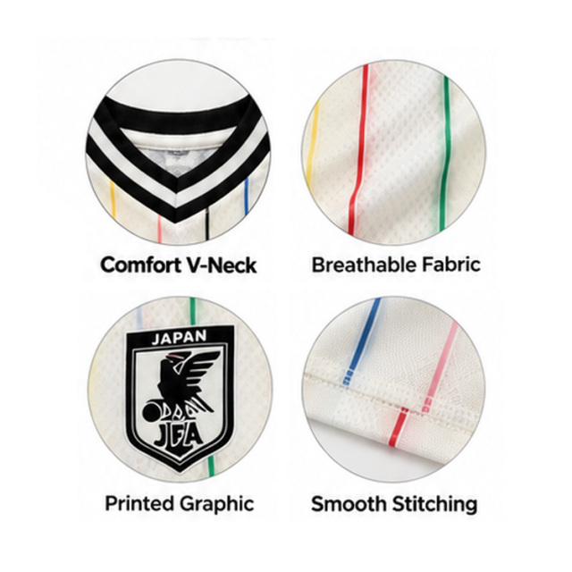 Unisex Retro White V-Neck Long Sleeve Soccer Jersey Japan JFA Crest Badge Rainbow Vertical Stripe Couple Matching Streetwear Football Top