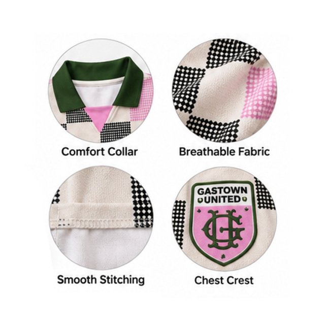 Unisex Retro Checkerboard Soccer Jersey Gastown United Letter Crest Print Green Contrast Collar Spliced Short Sleeve Streetwear Football Shirt