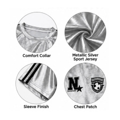 Women Y2K Silver Shiny Satin Raglan Sports Jersey Black Stripe Short Sleeve Oversized Streetwear Top