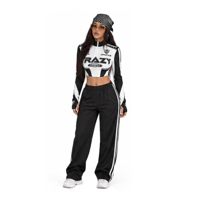 Women Racer Graphic Print Half Zip Long Sleeve Crop Top Y2K Motorcycle Racing Slim Fit Cropped Jacket Tee