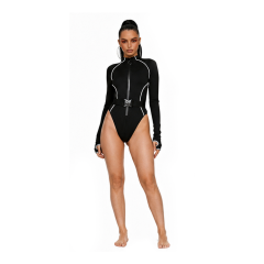 Belted Contrast Stitch Zip Front Bodysuit, Women Long Sleeve High Cut Techwear Jumpsuit