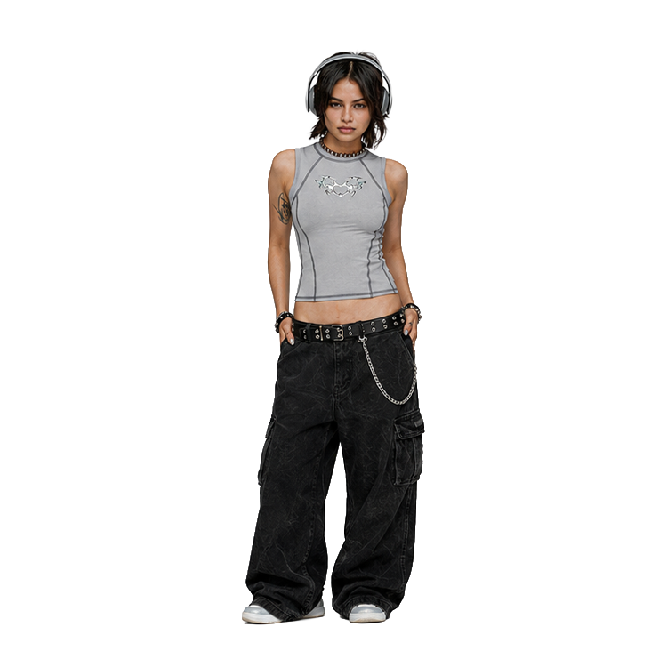 Y2K Women Contrast Stitch Sleeveless Tank Top Metallic Butterfly Graphic Slim Fit Cropped Vest