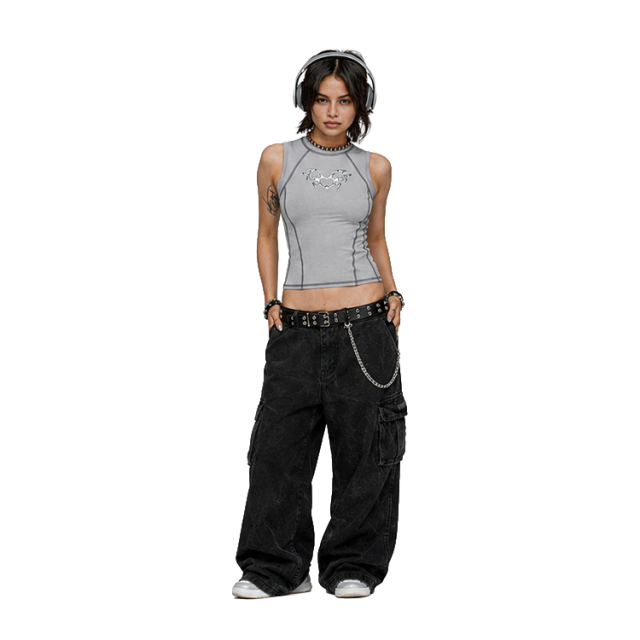 Y2K Women Contrast Stitch Sleeveless Tank Top Metallic Butterfly Graphic Slim Fit Cropped Vest