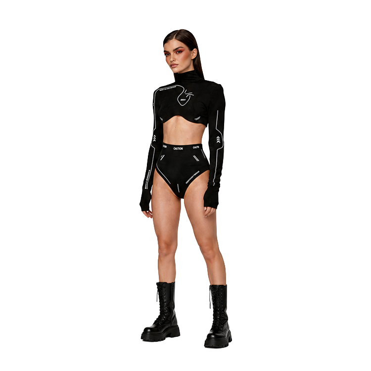 Women Techwear 2 Piece Outfit High Neck Long Sleeve Ultra Cropped Top & High Cut Brief Set Contrast White Line Graphic Print Streetwear