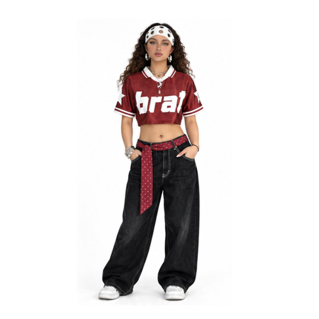Wholesale Women Y2K Cropped Football Jersey "brat" Letter Print Striped Collar Short Sleeve Sport Crop Top