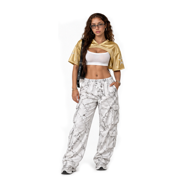 Y2K Women Metallic Gold Star Print Football Shrug Mesh Splice Short Sleeve Ultra Cropped Jersey Shrug Top