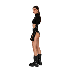 Women Techwear 2 Piece Outfit High Neck Long Sleeve Ultra Cropped Top & High Cut Brief Set Contrast White Line Graphic Print Streetwear