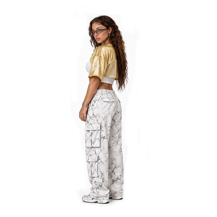 Y2K Women Metallic Gold Star Print Football Shrug Mesh Splice Short Sleeve Ultra Cropped Jersey Shrug Top