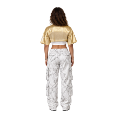 Y2K Women Metallic Gold Star Print Football Shrug Mesh Splice Short Sleeve Ultra Cropped Jersey Shrug Top