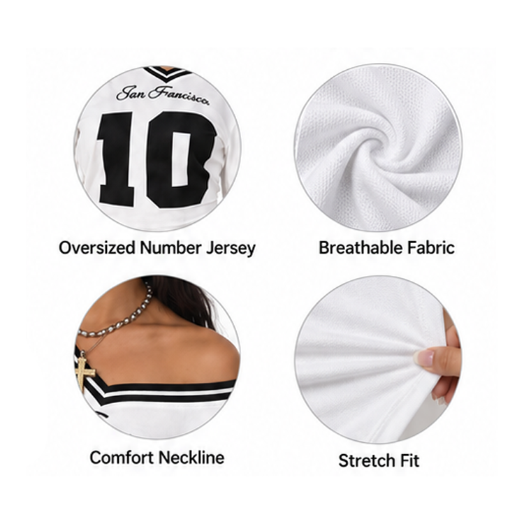 Women's San Francisco 10 Printed Off Shoulder Crop Top Y2K Short Sleeve V Neck Ruched Baseball Jersey Tee