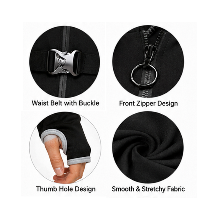Belted Contrast Stitch Zip Front Bodysuit, Women Long Sleeve High Cut Techwear Jumpsuit