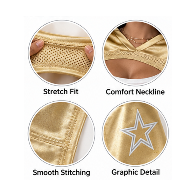 Y2K Women Metallic Gold Star Print Football Shrug Mesh Splice Short Sleeve Ultra Cropped Jersey Shrug Top