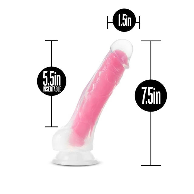 Neon Pink Glow in The Dark Silicone Dildo Dual Density with Balls Suction Cup Base- 7.5" Length & 1.5" Width