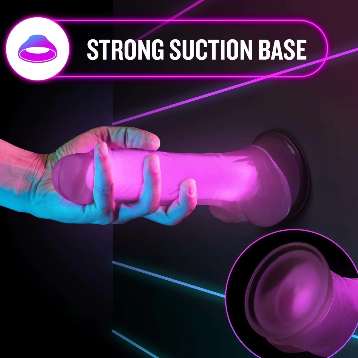 Neon Pink Glow in The Dark Silicone Dildo Dual Density with Balls Suction Cup Base- 7.5" Length & 1.5" Width