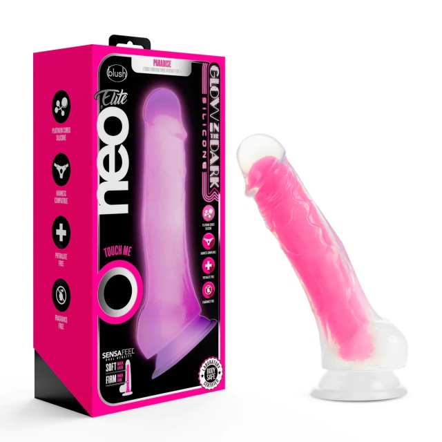 Neon Pink Glow in The Dark Silicone Dildo Dual Density with Balls Suction Cup Base- 7.5" Length & 1.5" Width