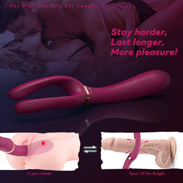 Claret Red Big Bendable Forked Vibrator for Men Penis Stimulation or Women Clitoris Massage with 3 Motor 9 Speeds