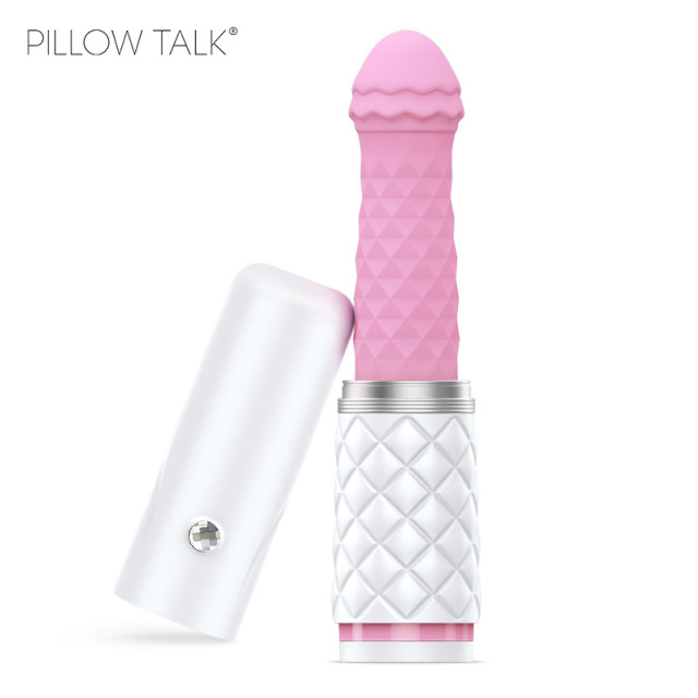 Luxury Pillow Talk Feisty Silicone Thrusting & Vibrating Dildo Massager for Orgasm Dazzles with Swarovski Crystal Button Pink