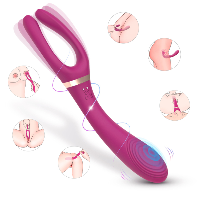 Claret Red Big Bendable Forked Vibrator for Men Penis Stimulation or Women Clitoris Massage with 3 Motor 9 Speeds