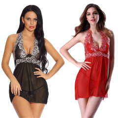 Embroidered Lace Deep V Suspender Tie Sexy Lingerie Lace Sexy Suspender Skirt Mesh Skirt Sleepwear Pajamas