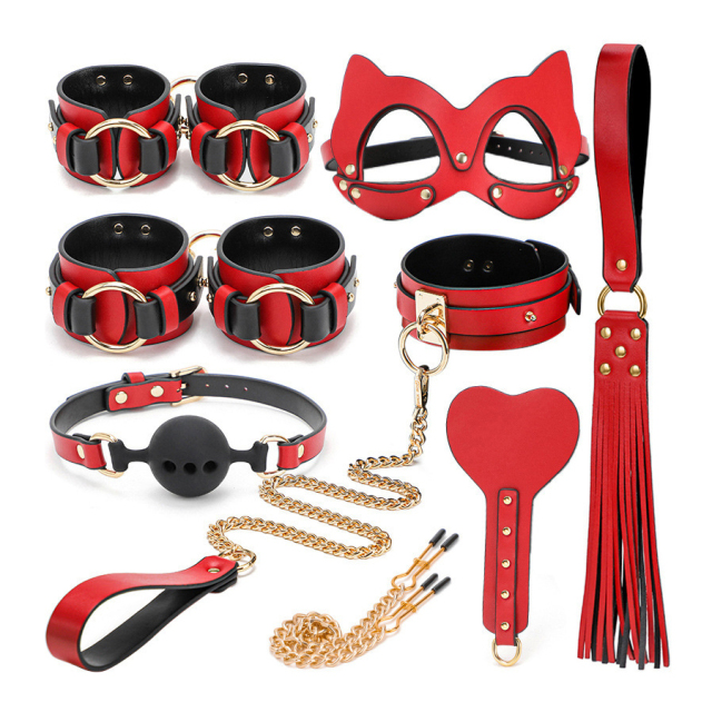 Luxury Bondage Gear 8 Piece Kit BDSM Toys Handcuffs Anglecuffs Slave Collar Eye Mask Whip Nipple Clamp Spank Bat with Handbag Gift Box
