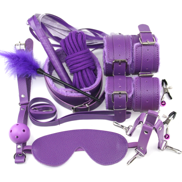 Fluffy Bondage 10 pc Set for Couples Handcuffs Footcuffs Mouth Plug Whip Rope Eye Mask Tickled Whip