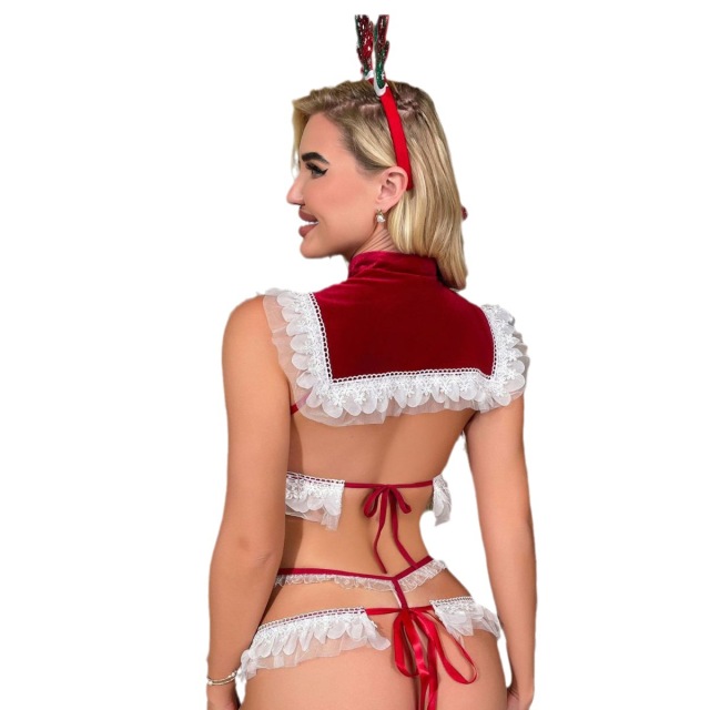 Wholesale Christmas Lingeries Lace-trimmed Santa Bra and Panty Collar Cosplay Outfit 3 Piece Red Velvet Set