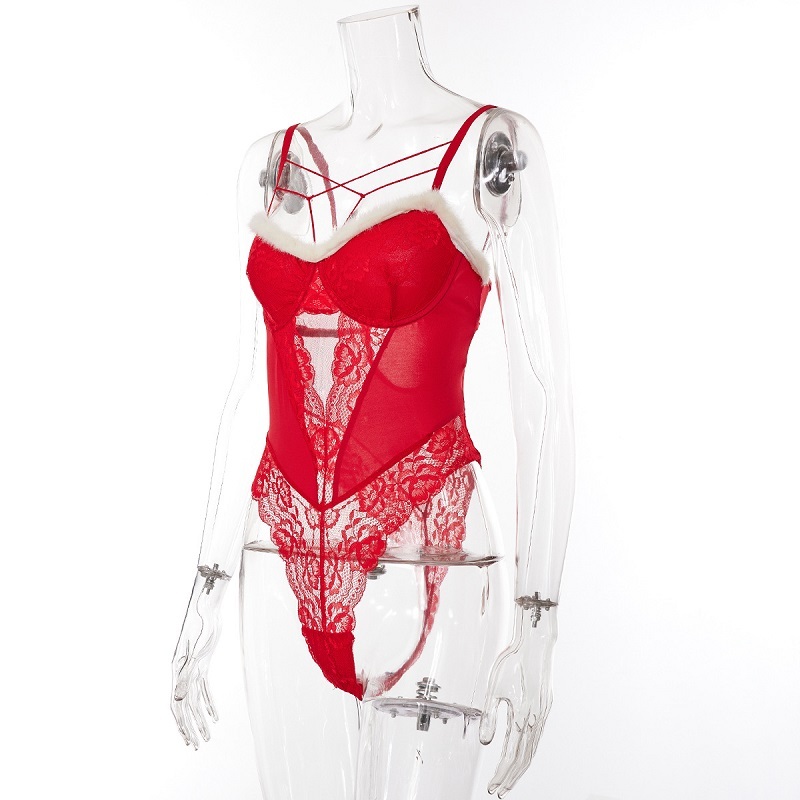 Wholesale Sexy Lingerie Set for Women Red Lace Christmas Babydoll Jumpsuit Deep V Sleeveless Raw Edge Underwear Set