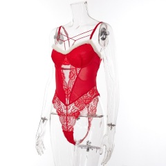 Wholesale Sexy Lingerie Set for Women Red Lace Christmas Babydoll Jumpsuit Deep V Sleeveless Raw Edge Underwear Set
