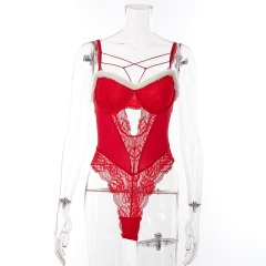 Wholesale Sexy Lingerie Set for Women Red Lace Christmas Babydoll Jumpsuit Deep V Sleeveless Raw Edge Underwear Set