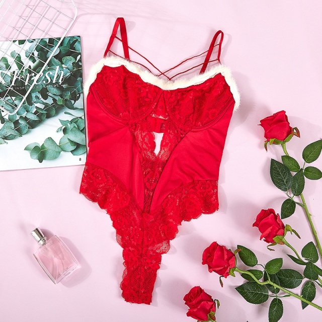 Wholesale Sexy Lingerie Set for Women Red Lace Christmas Babydoll Jumpsuit Deep V Sleeveless Raw Edge Underwear Set