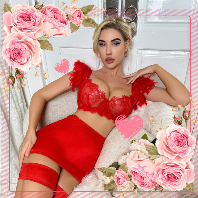 Valentines Day Gift for Girlfriend 3-Piece Lace Bra Set Women Chain Patchwork Panty Underwear Set Pink Sexy Lingerie