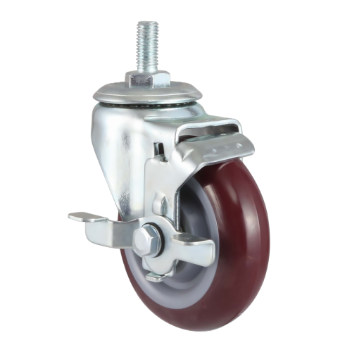 3.5" x 1.5" Premium PU Wheel, Threaded Stem Casters with Metal Side Brake, 243 lbs Load Rating