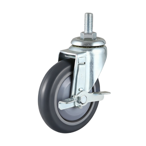 3" x 1" Premium TPR Wheel, Threaded Stem Casters with Metal Side Brake, 110 lbs Load Rating