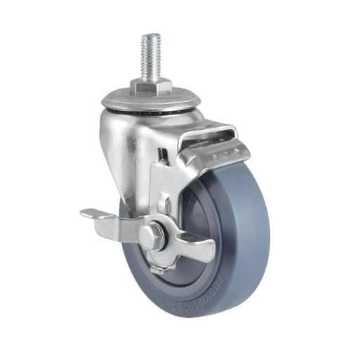 3" x 1.5" Premium TPR Wheel, Threaded Stem Casters with Metal Side Brake, 176 lbs Load Rating