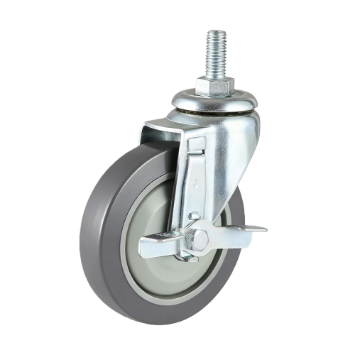 4" x 1" Noise Reducing PU Wheel, Threaded Stem Casters with Metal Side Brake, 132 lbs Load Rating