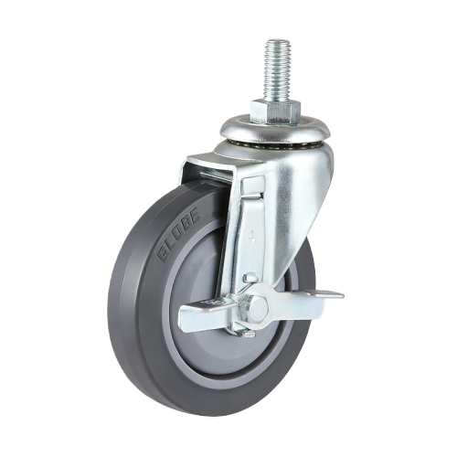5" x 1" Premium TPR Wheel, Threaded Stem Casters with Metal Side Brake, 154 lbs Load Rating