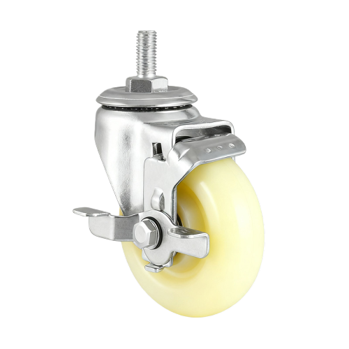 1.5" x 1" Nylon Wheel, Threaded Stem Casters with Metal Side Brake, 110 lbs Load Rating