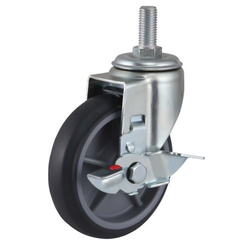 8" x 2" Premium TPR Wheel, Threaded Stem Casters with Metal Side Brake, 485 lbs Load Rating