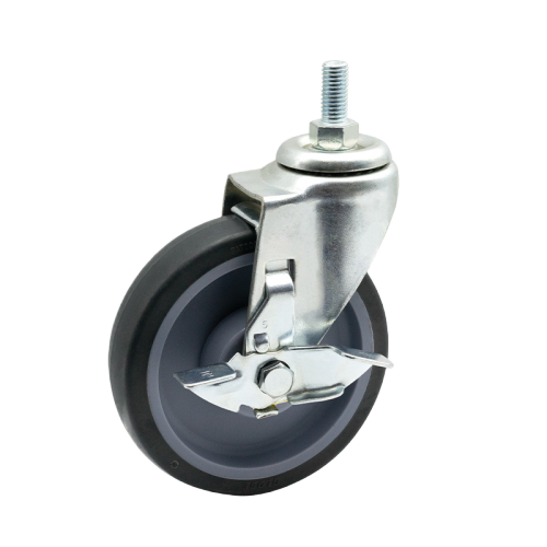 4" x 1" Premium TPR Wheel, Threaded Stem Casters with Metal Side Brake, 176 lbs Load Rating