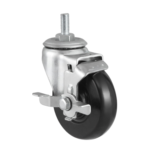5" x 1.5" Rubber Wheel, Threaded Stem Casters with Metal Side Brake, 231 lbs Load Rating