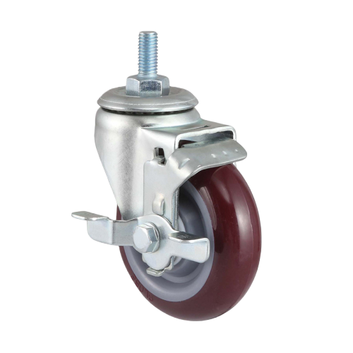 3" x 1.5" Premium PU Wheel, Threaded Stem Casters with Metal Side Brake, 220 lbs Load Rating