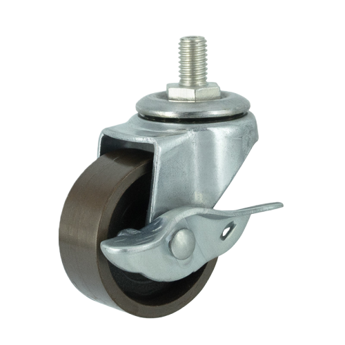 2.5" x 1" Ductile Iron Wheel, Threaded Stem Casters with Metal Side Brake, 88 lbs Load Rating