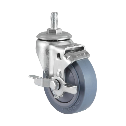 4" x 1.5" Premium TPR Wheel, Threaded Stem Casters with Metal Side Brake, 198 lbs Load Rating
