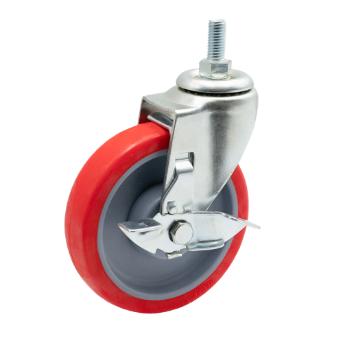 5" x 1" Premium PU Wheel, Threaded Stem Casters with Metal Side Brake, 220 lbs Load Rating