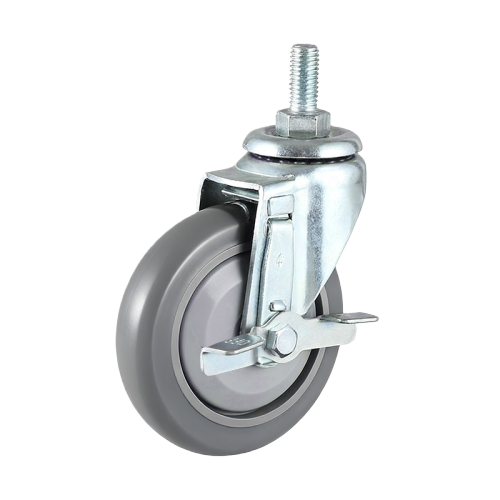 3" x 1" Noise Reducing PU Wheel, Threaded Stem Casters with Metal Side Brake, 110 lbs Load Rating