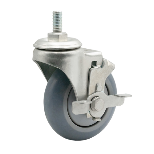 5" x 1.5" Premium TPR Wheel, Threaded Stem Casters with Metal Side Brake, 220 lbs Load Rating